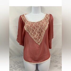Love Squared Boho Gypsy Beach Cover Sheer Top Womens S Lacey Crochet Peach R